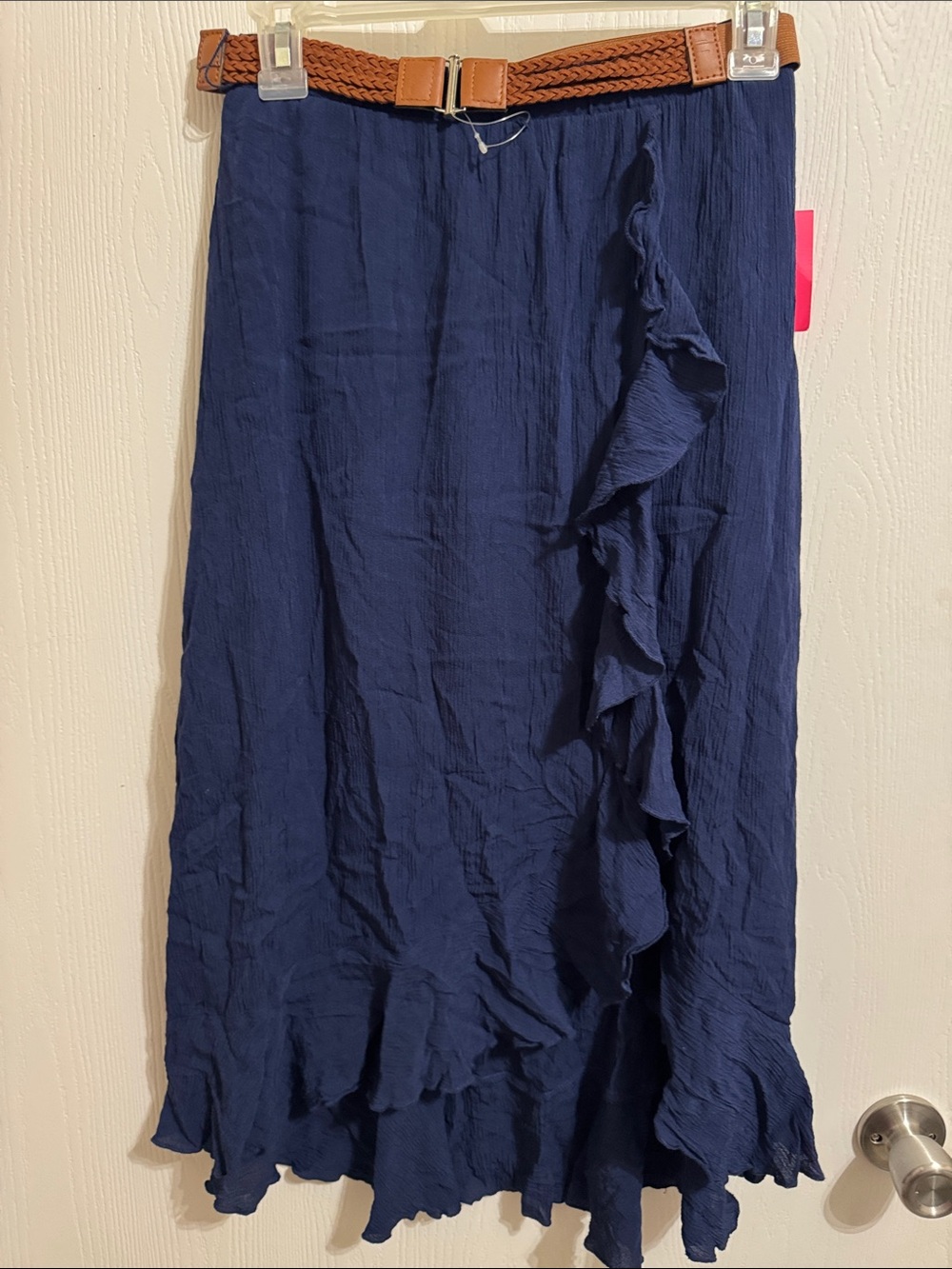Amy Byer Ruffle Front Maxi Skirt Girls Large 14 NWT Navy Blue Braided Tan Belt - Picture 2 of 8
